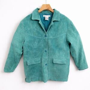 Jessica Holbrook Vintage Teal Leather Jacket Button Front Lined Boxy Fit XL